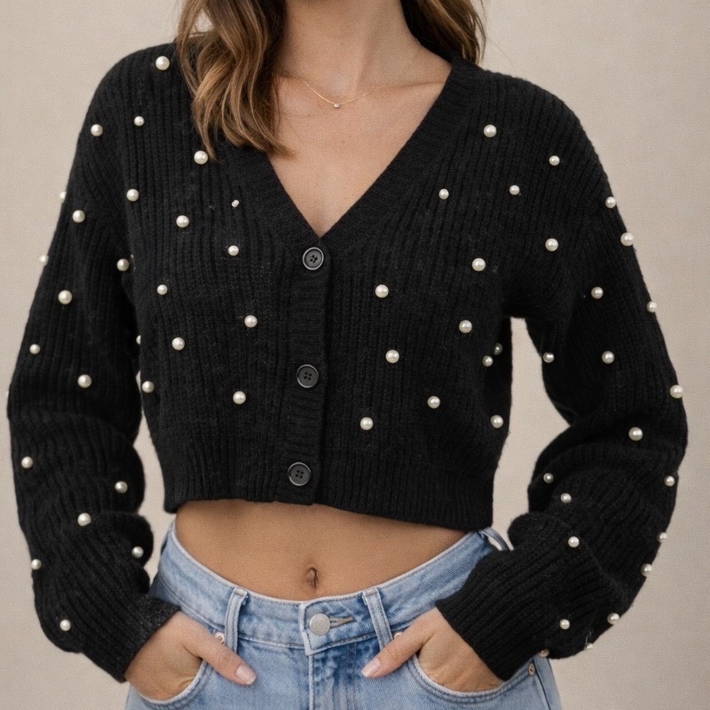 NWT West of Melrose Tillys Black Pearl Embellished Cropped Cardigan Sweater XS